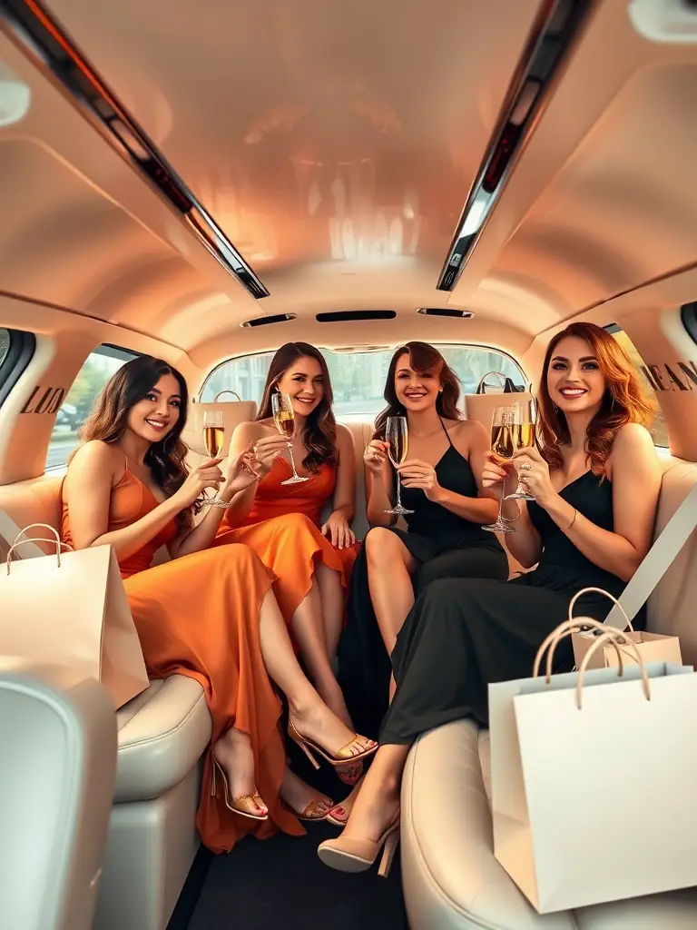 A group of women in elegant dresses holding champagne glasses, enjoying a ride in the classic limousine with shopping bags and spa accessories visible.