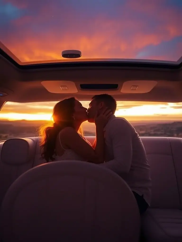 A couple sharing a kiss inside the limousine at sunset, with a scenic background and soft lighting, creating a romantic ambiance.