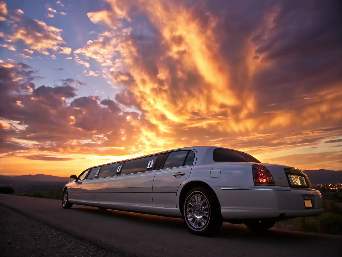 A photograph capturing a couple holding hands and gazing at a scenic sunset through the window of a Limoscene limousine, symbolizing a romantic and intimate moment during The Velvet Route experience.