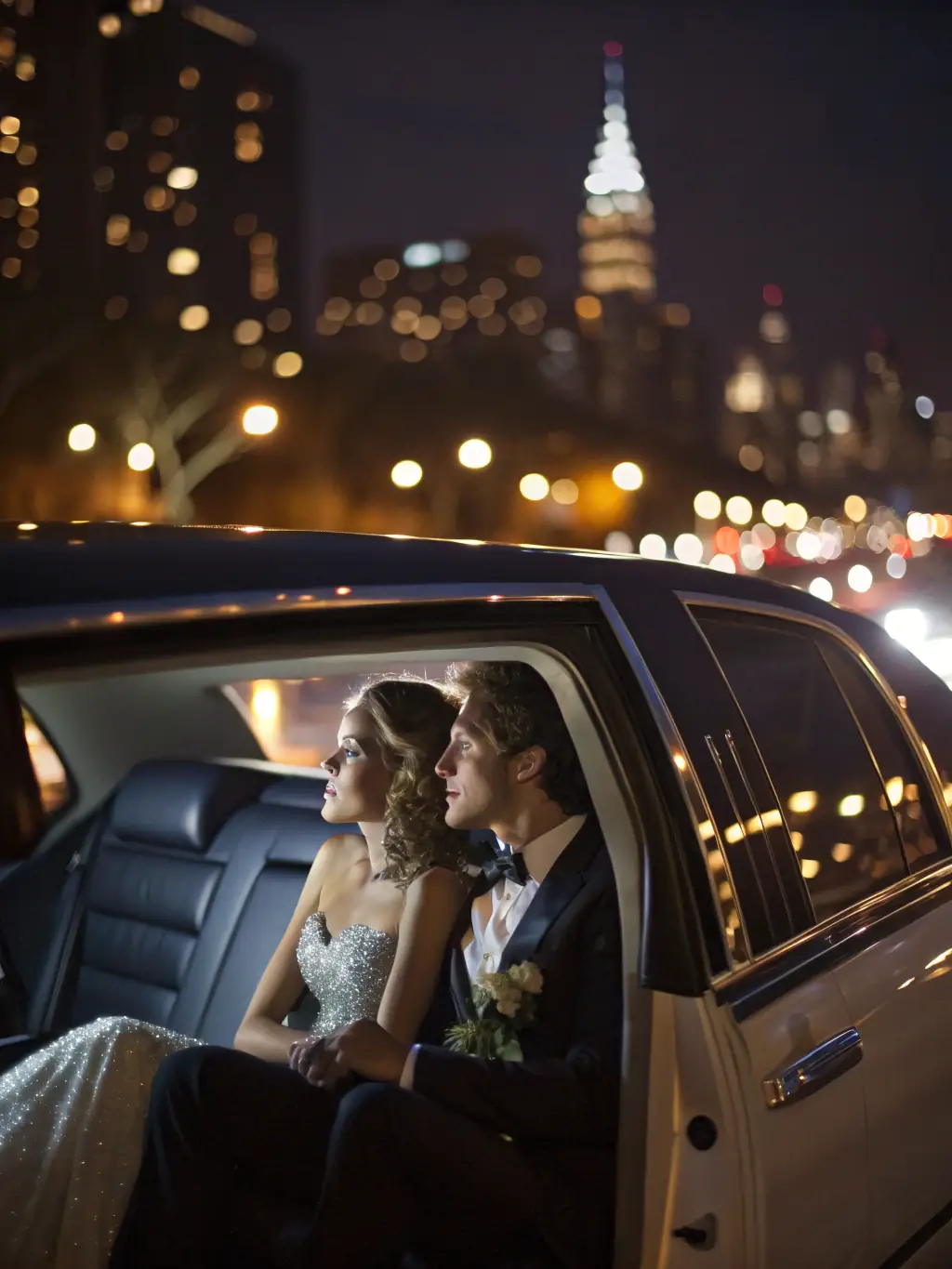 A limousine interior with champagne bottles, red roses, and soft lighting, creating a romantic and luxurious atmosphere.