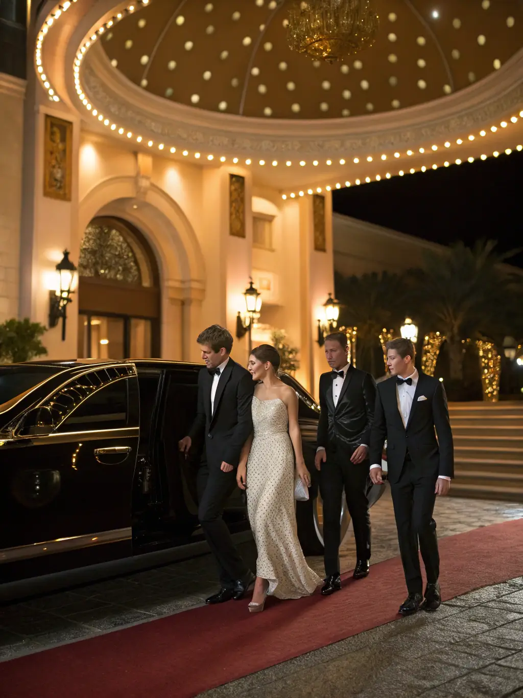 A limousine adorned with ribbons and a red carpet leading to the entrance, with passengers stepping out to a celebratory atmosphere.