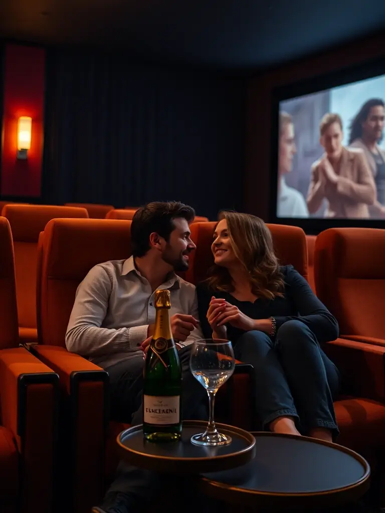 A couple sharing a romantic dinner inside a limousine, with soft lighting and champagne glasses. The scene creates an intimate and romantic atmosphere.