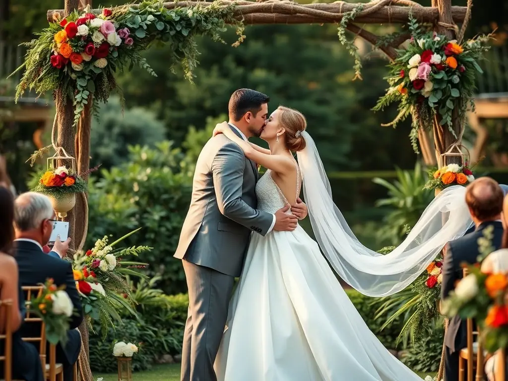 A photograph capturing a bride and groom sharing their first kiss as husband and wife, with a Limoscene limousine elegantly parked in the background, symbolizing the beginning of their journey together.